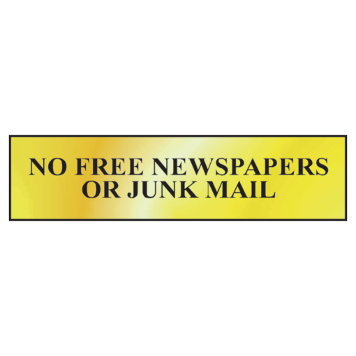 ASEC `No Free Newspapers or Junk Mail` 200mm x 50mm Metal Strip Self Adhesive Sign Gold - Gold