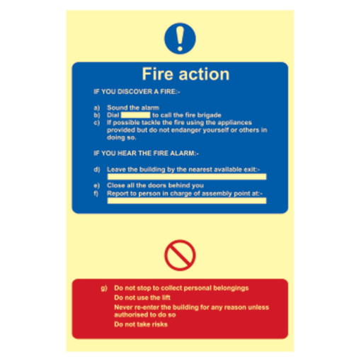 ASEC Photoluminescent Fire Action Procedure Sign 200mm x 300mm - 200mm x 300mm