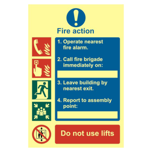 ASEC Fire Action Procedure 200mm x 300mm PVC Self Adhesive Photo luminescent Sign - 1 Per Sheet